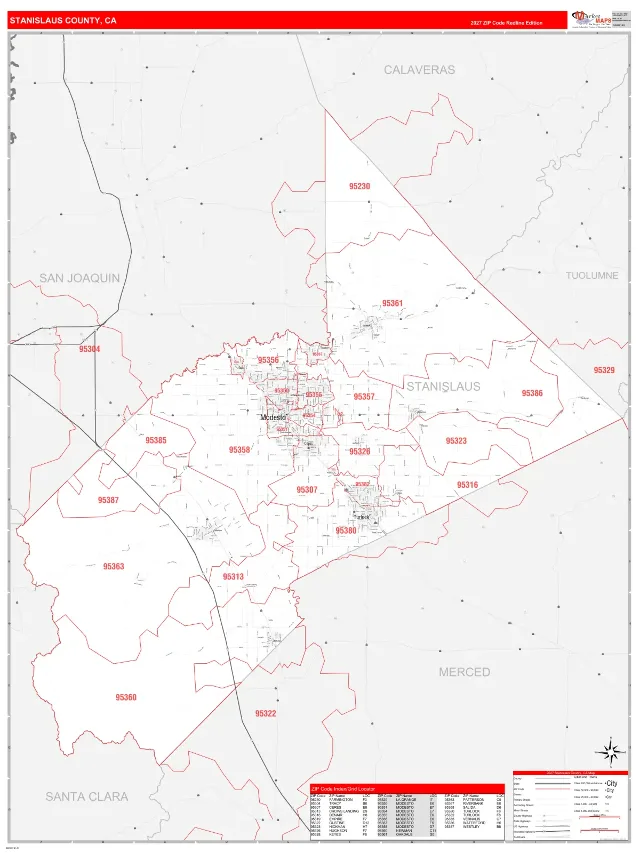 Stanislaus County, CA ZIP Code Wall Map, RedLine style