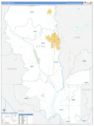 Sutter County, CA Business Reference style ZIP Code wall map