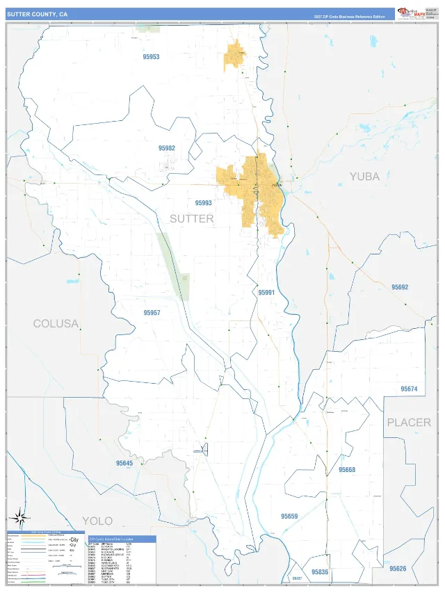 Sutter County, CA ZIP Code Wall Map, Business Reference style