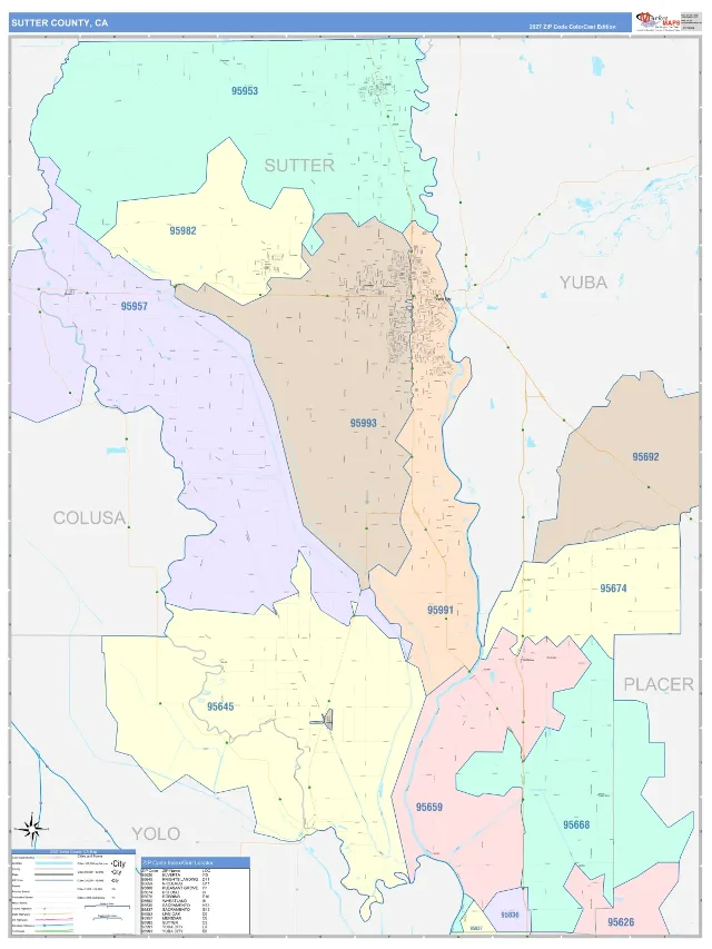 Sutter County, CA ZIP Code Wall Map, ColorCast style