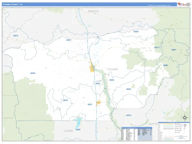 Tehama County, CA ZIP Code Wall Map, Business Reference style