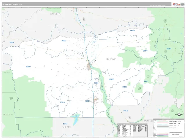 Tehama County, CA ZIP Code Wall Map, Classic style