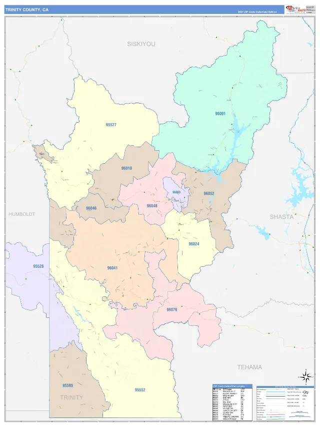 Trinity County, CA ZIP Code Wall Map, ColorCast style