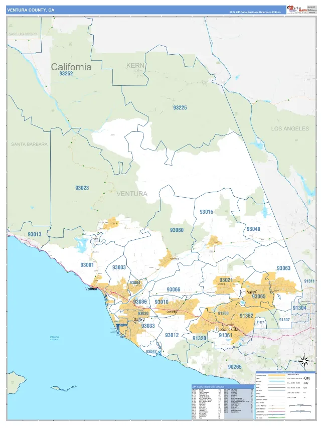Ventura County, CA ZIP Code Wall Map, Business Reference style