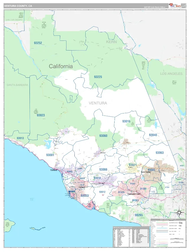 Ventura County, CA ZIP Code Wall Map, Classic style