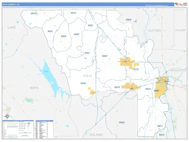 Yolo County, CA ZIP Code Wall Map, Business Reference style