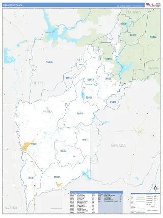 Yuba County, CA Business Reference style ZIP Code wall map