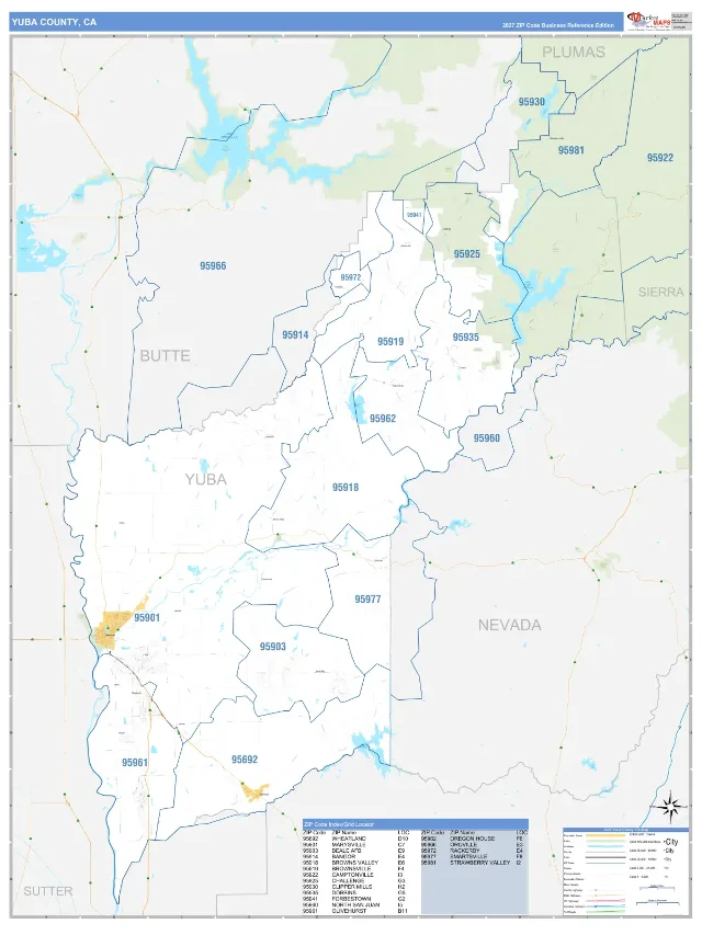 Yuba County, CA ZIP Code Wall Map, Business Reference style