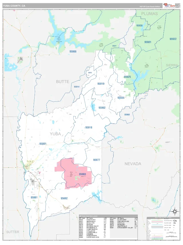 Yuba County, CA ZIP Code Wall Map, Classic style