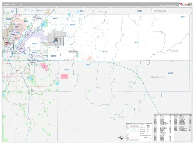 Adams County, CO ZIP Code Wall Map, Classic style