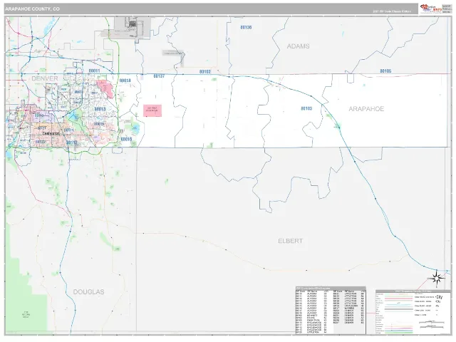Arapahoe County, CO ZIP Code Wall Map, Classic style