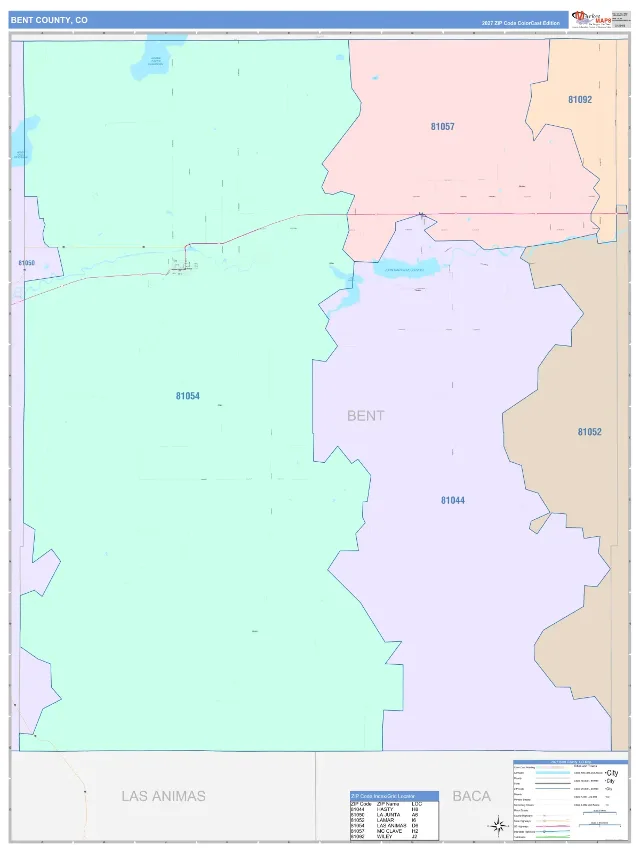 Bent County, CO ZIP Code Wall Map, ColorCast style