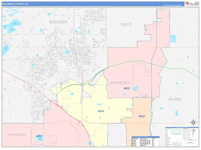 Broomfield County, CO ZIP Code Wall Map, ColorCast style