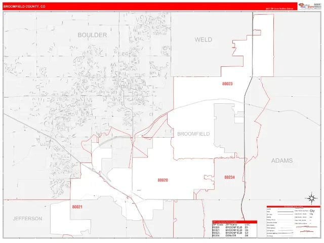 Broomfield County, CO ZIP Code Wall Map, RedLine style