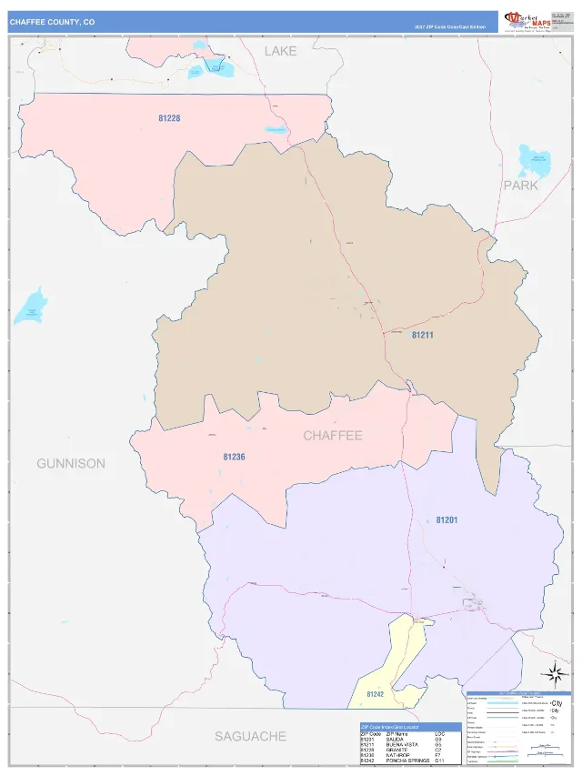 Chaffee County, CO ZIP Code Wall Map, ColorCast style