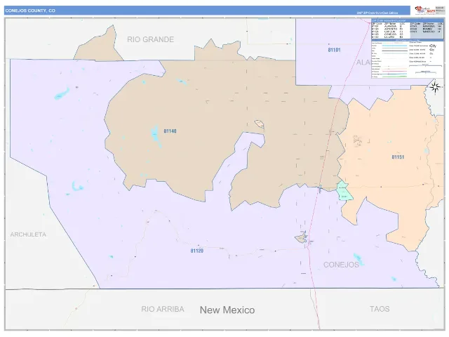 Conejos County, CO ZIP Code Wall Map, ColorCast style