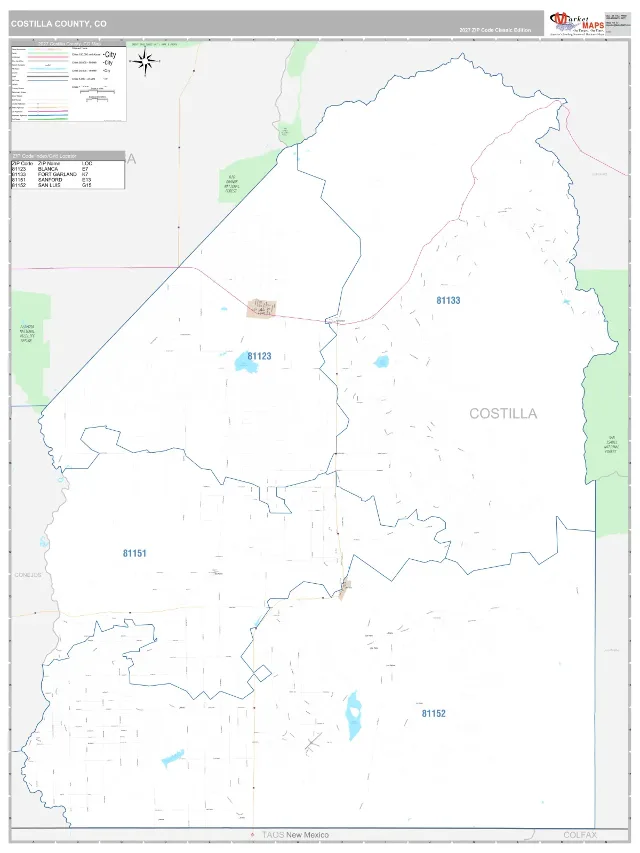 Costilla County, CO ZIP Code Wall Map, Classic style