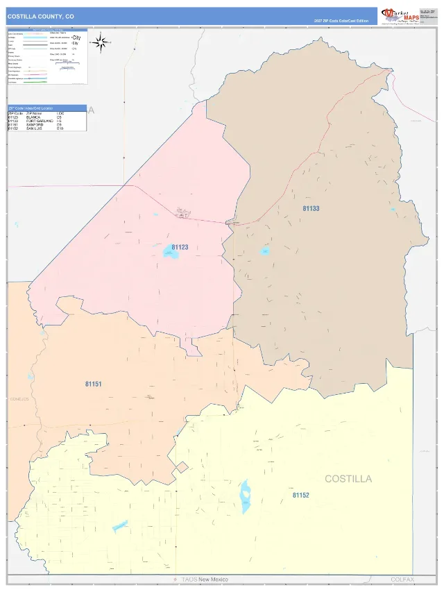 Costilla County, CO ZIP Code Wall Map, ColorCast style