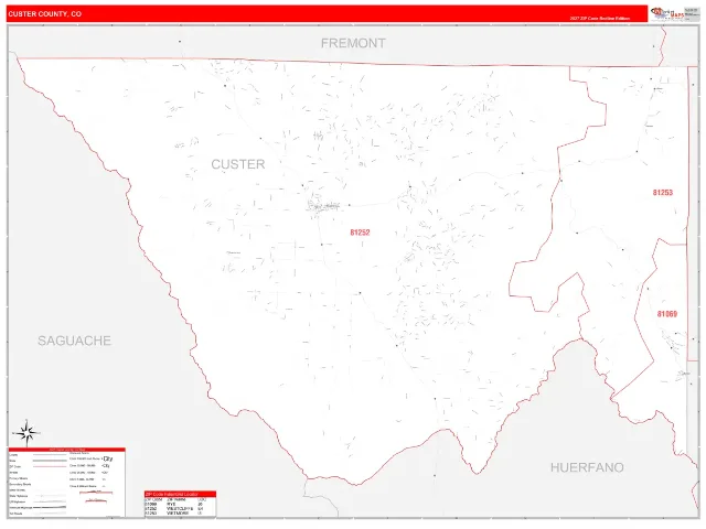 Custer County, CO ZIP Code Wall Map, RedLine style