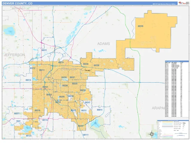 Denver County, CO ZIP Code Wall Map, Business Reference style