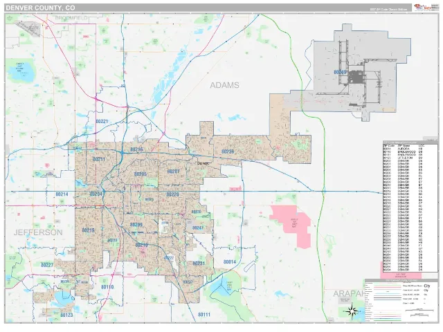 Denver County, CO ZIP Code Wall Map, Classic style