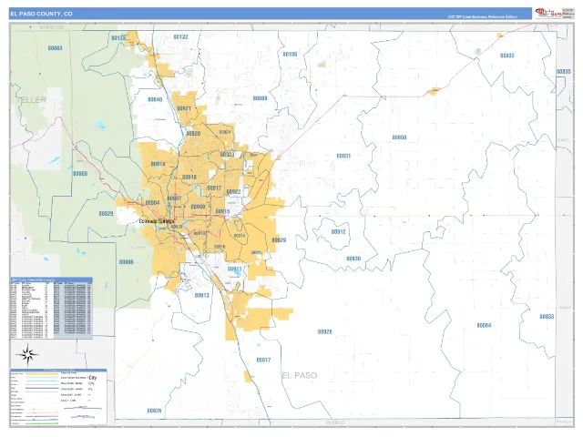 El Paso County, CO ZIP Code Wall Map, Business Reference style