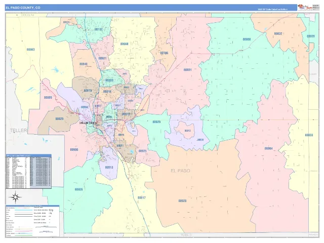 El Paso County, CO ZIP Code Wall Map, ColorCast style