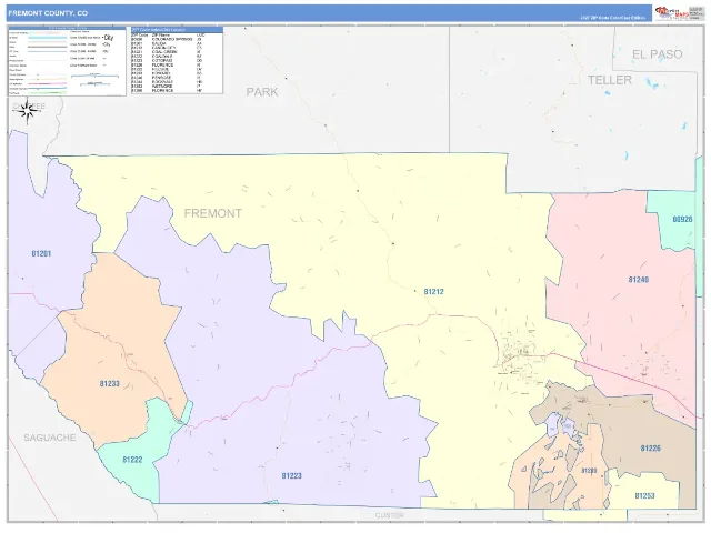 Fremont County, CO ZIP Code Wall Map, ColorCast style