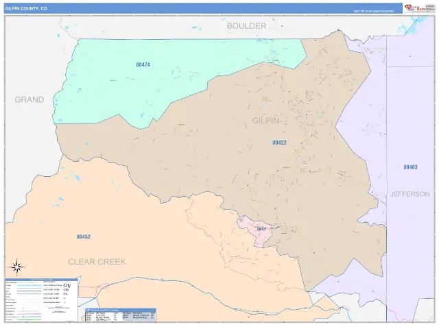 Gilpin County, CO ZIP Code Wall Map, ColorCast style