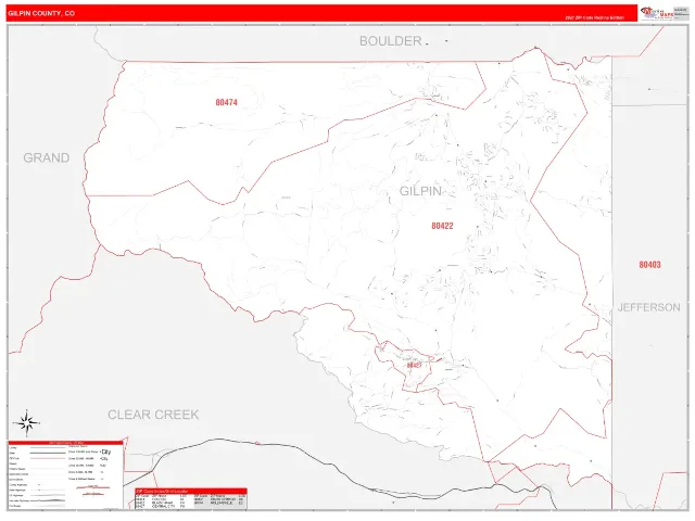 Gilpin County, CO ZIP Code Wall Map, RedLine style