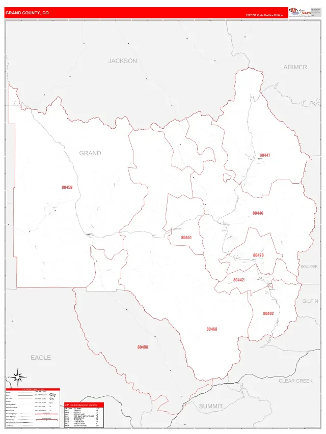 Grand County, CO ZIP Code Wall Map, RedLine style