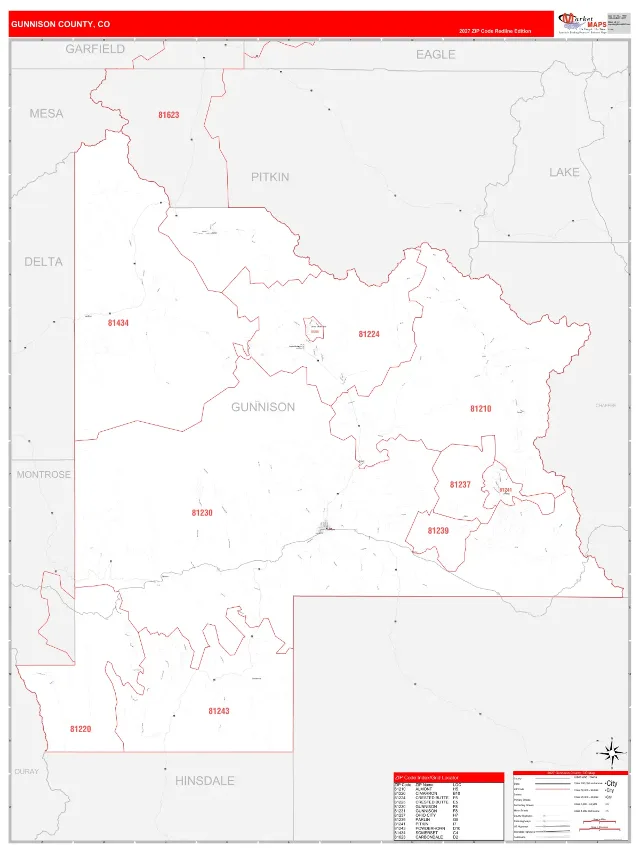 Gunnison County, CO ZIP Code Wall Map, RedLine style