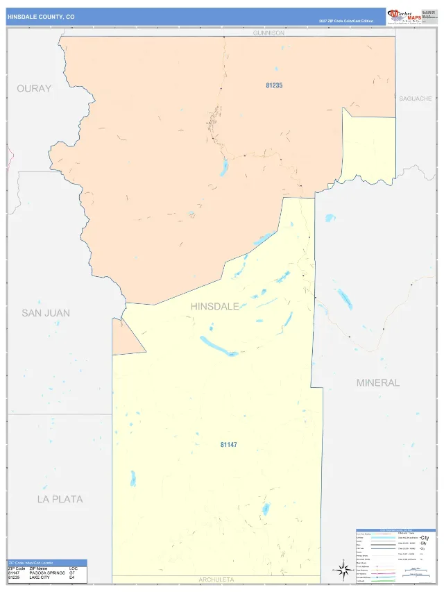 Hinsdale County, CO ZIP Code Wall Map, ColorCast style
