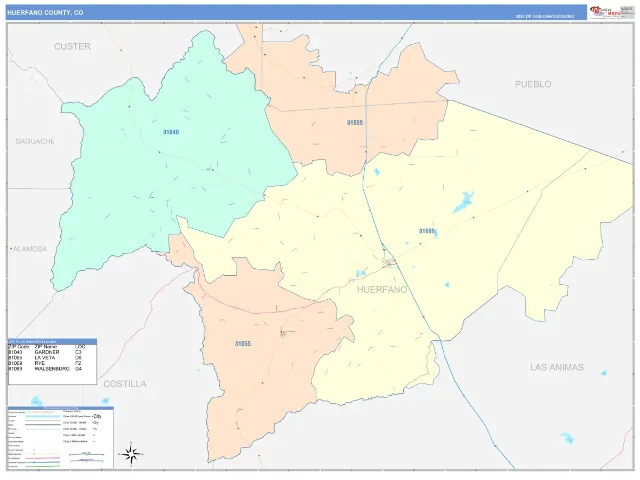 Huerfano County, CO ZIP Code Wall Map, ColorCast style
