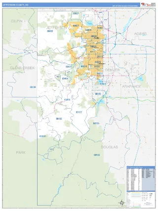 Jefferson County, CO Business Reference style ZIP Code wall map