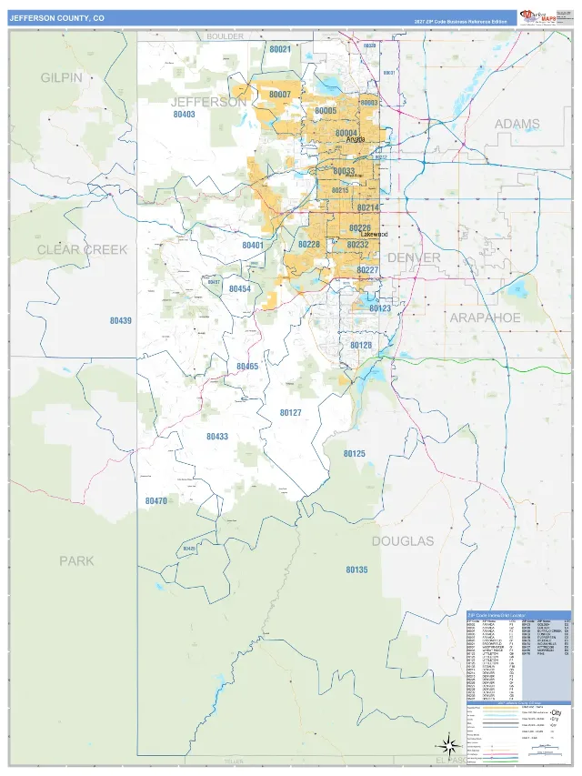 Jefferson County, CO ZIP Code Wall Map, Business Reference style