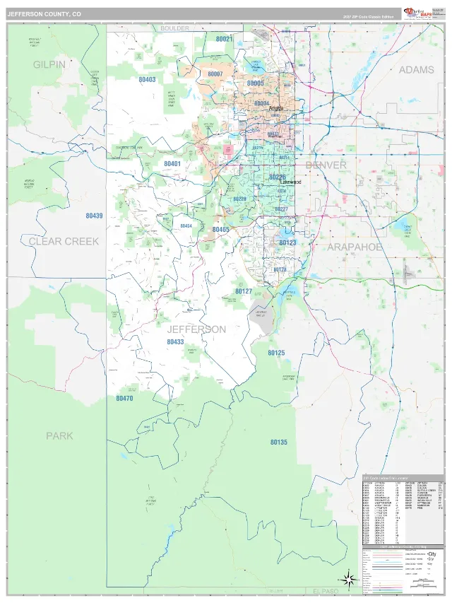 Jefferson County, CO ZIP Code Wall Map, Classic style