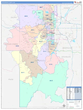 Jefferson County, CO ColorCast style ZIP Code wall map