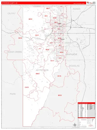 Jefferson County, CO RedLine style ZIP Code wall map