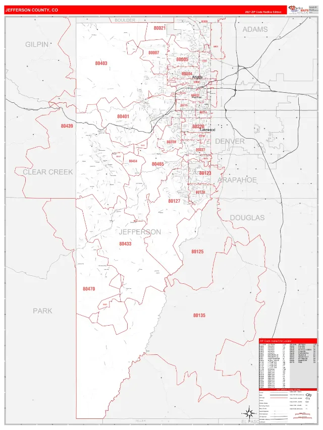 Jefferson County, CO ZIP Code Wall Map, RedLine style