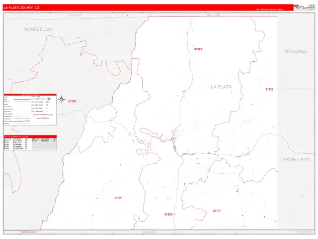 La Plata County, CO ZIP Code Wall Map, RedLine style