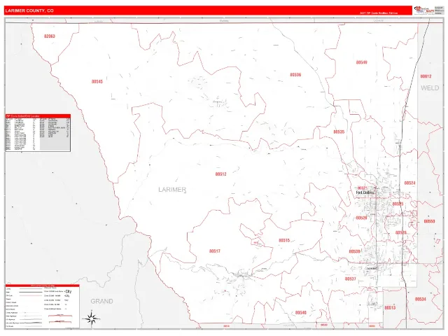 Larimer County, CO ZIP Code Wall Map, RedLine style
