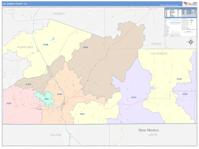 Las Animas County, CO ZIP Code Wall Map, ColorCast style