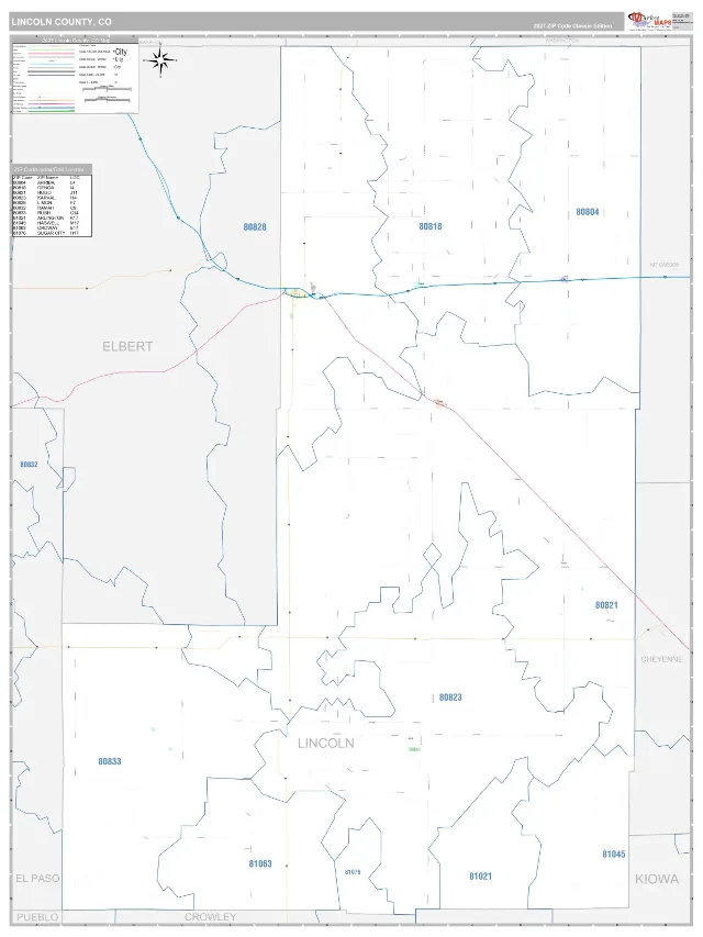 Lincoln County, CO ZIP Code Wall Map, Classic style