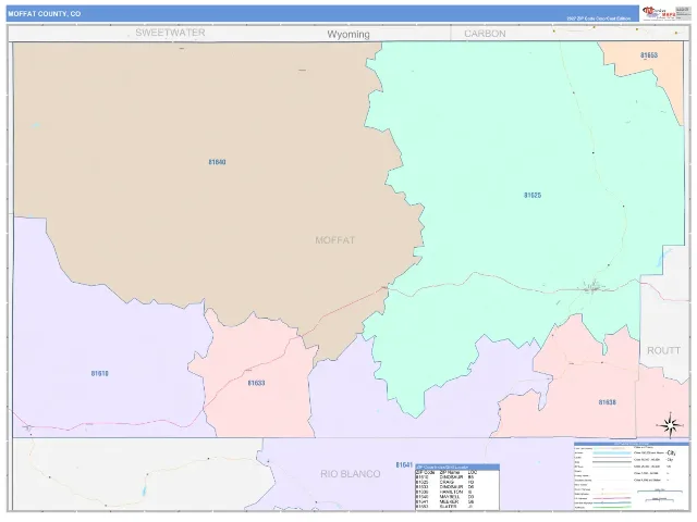 Moffat County, CO ZIP Code Wall Map, ColorCast style