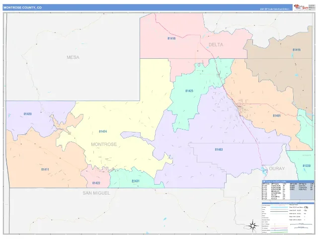 Montrose County, CO ZIP Code Wall Map, ColorCast style