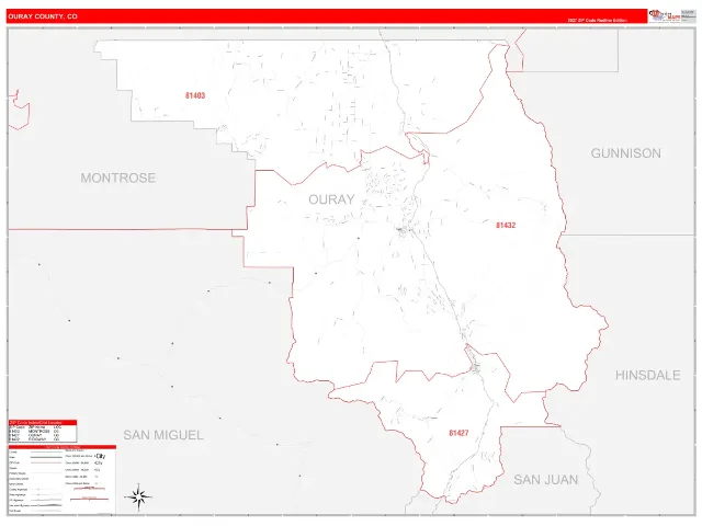 Ouray County, CO ZIP Code Wall Map, RedLine style