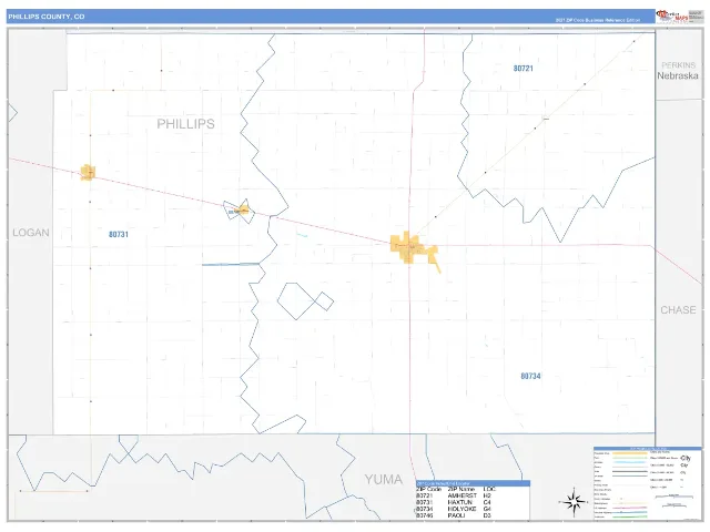 Phillips County, CO ZIP Code Wall Map, Business Reference style