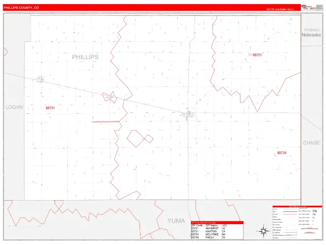 Phillips County, CO ZIP Code Wall Map, RedLine style