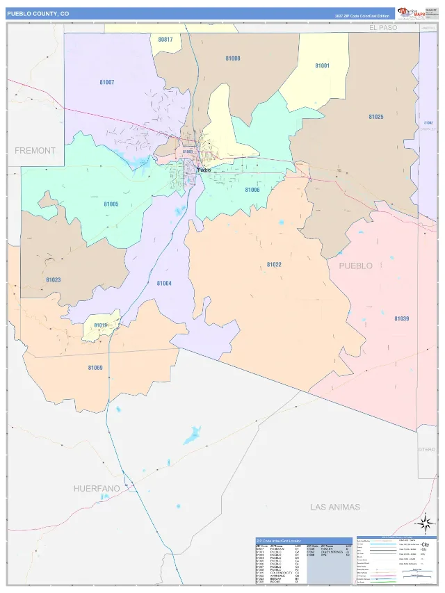 Pueblo County, CO ZIP Code Wall Map, ColorCast style